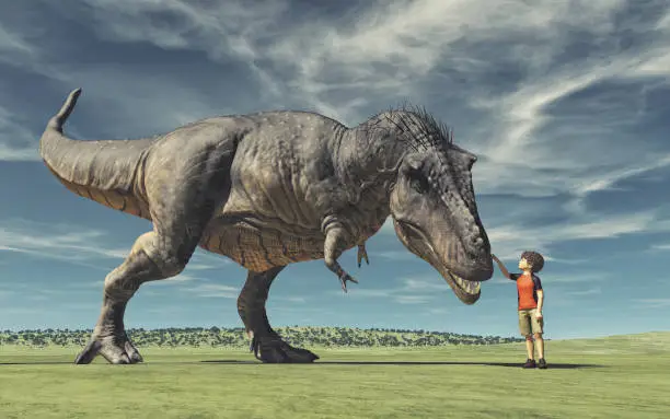 A boy and a big dinosaur. Conceptual image. This is a 3d render illustration."n