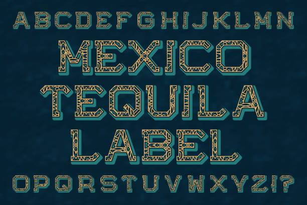 stockillustraties, clipart, cartoons en iconen met mexico tequila label lettertype. geïsoleerde engelse alfabet. - maya