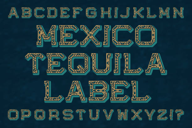 ilustrações, clipart, desenhos animados e ícones de tipo de rótulo de tequila méxico. alfabeto inglês isolado. - maya