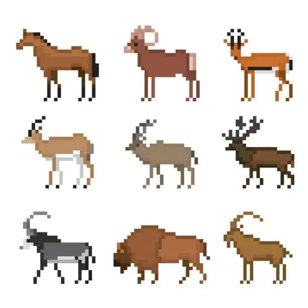 Vector illustration of Different species of even-toed ungulates animals. Pixelart icon set. Old school computer graphic style