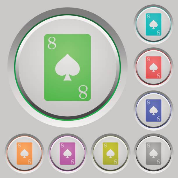 osiem przycisków na karcie pik - rummy leisure games number color image stock illustrations