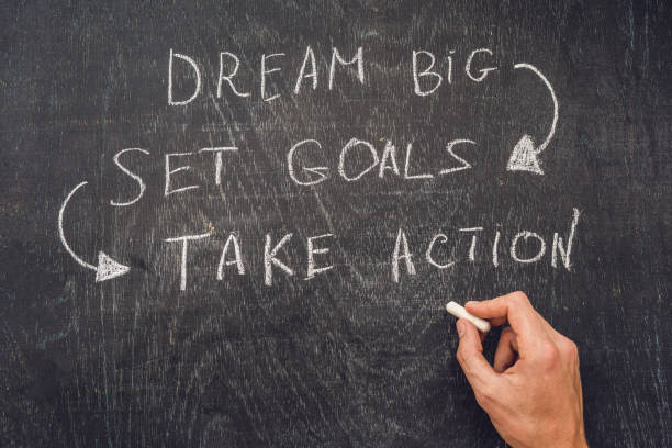 istock Dream Big - Set Goal - Take Action, handwriting on On a chalk board 840878390