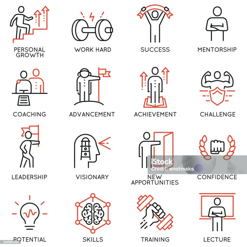 Vector set thin icons related to career progress, coaching, business people training, tutorship and professional consulting service. Mono line pictograms and infographics design elements - part 4 Icon Symbol stock vector