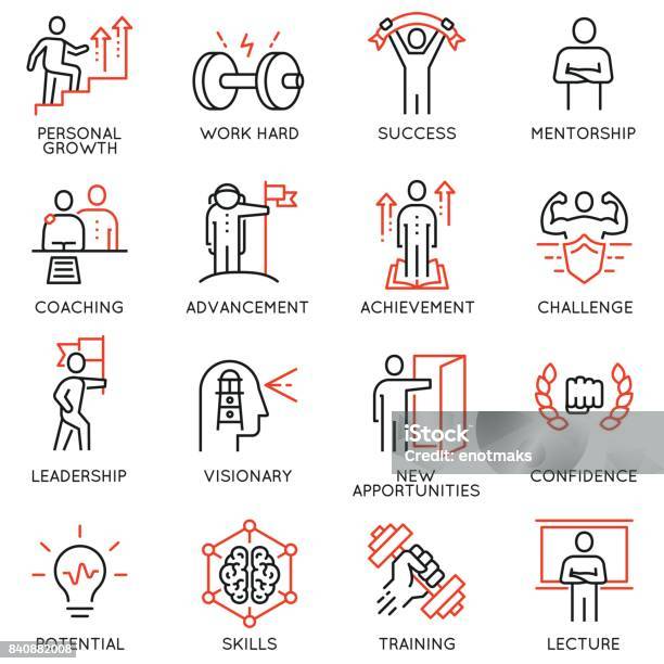 Vector Set Thin Icons Related To Career Progress Coaching Business People Training Tutorship And Professional Consulting Service Mono Line Pictograms And Infographics Design Elements Part 4 Stock Illustration - Download Image Now