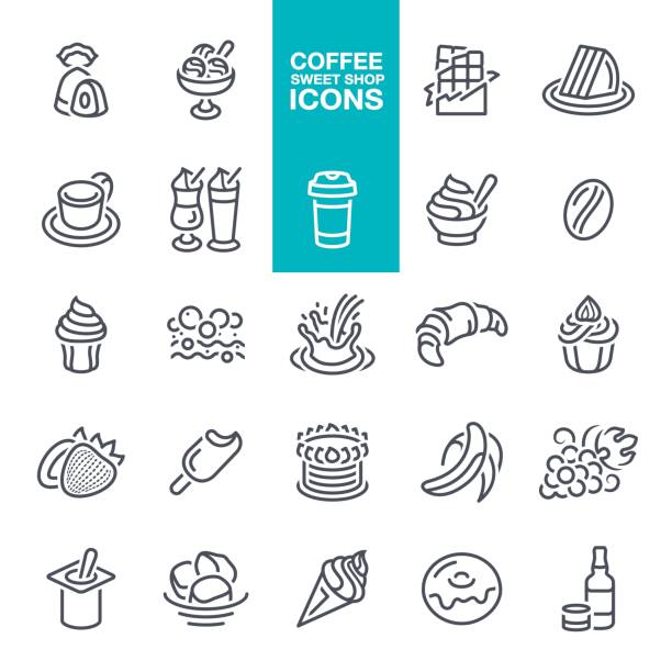 ilustraciones, imágenes clip art, dibujos animados e iconos de stock de los iconos de la tienda de dulces y café - espresso coffee cream coffee shop