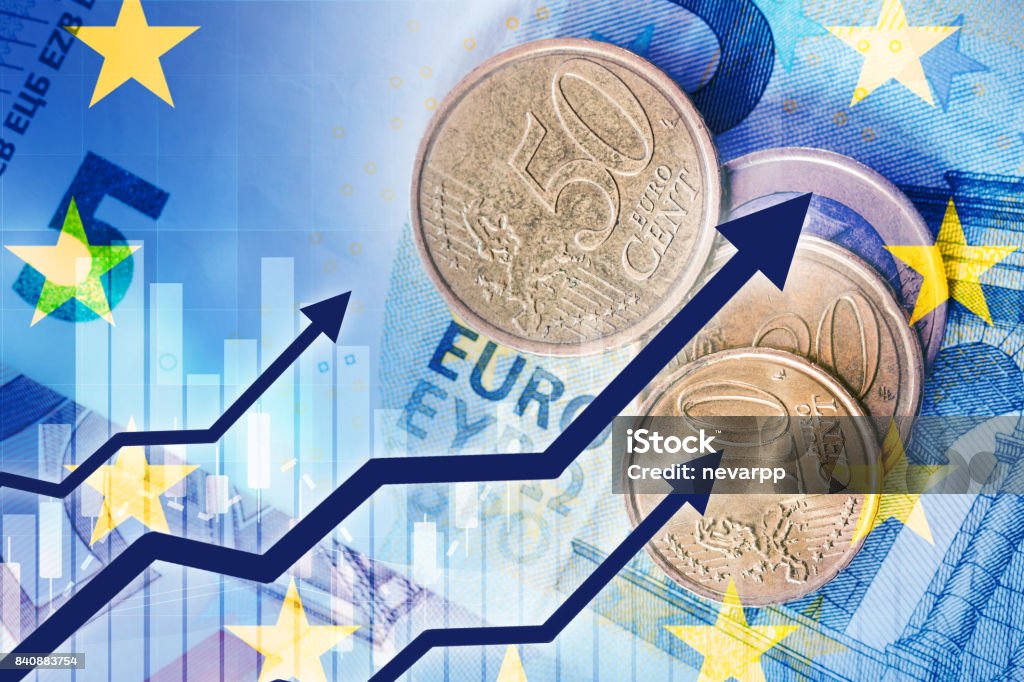 growth of euro currency rise of the euro currency - money with growing chart Interest Rate Stock Photo