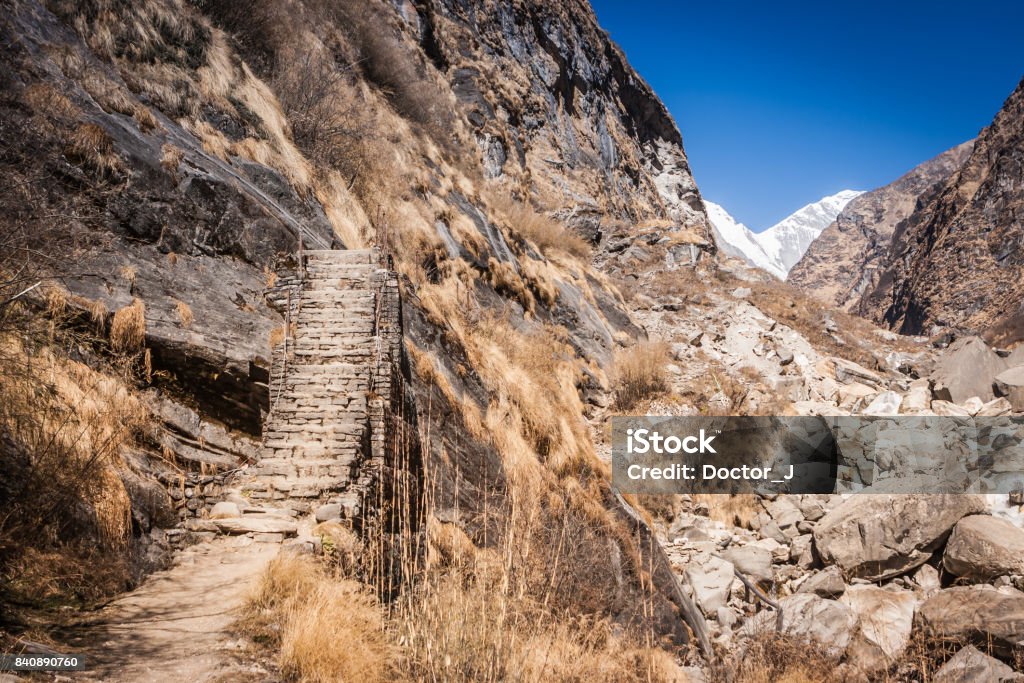 Trail to the MBC on the Annapurna Base Camp Trek, Nepal Trail with steps to the Machapuchare Base Camp on the Annapurna Base Camp Trek, Nepal Adventure Stock Photo