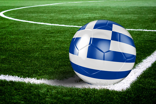 High quality render of soccer ball ready to shoot at at soccer field on green grasses. 3D rendering.