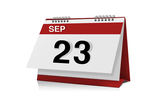 September 23 desktop calendar isolated on white background with clipping path.