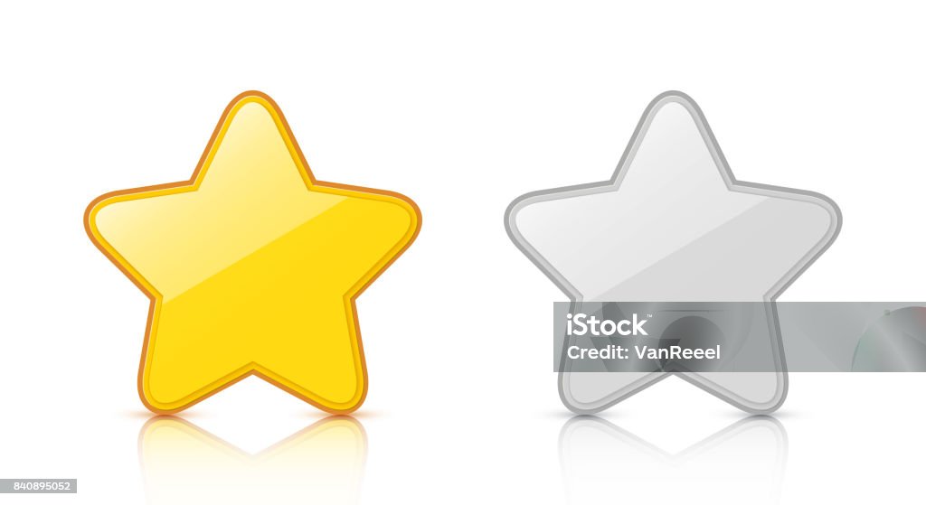 Set of glossy golden & silver star icons with reflection isolated on white background. Set of glossy golden & silver star icons with reflection isolated on white background. Vector EPS10 Abstract stock vector