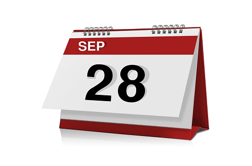 September 28 desktop calendar isolated on white background with clipping path.