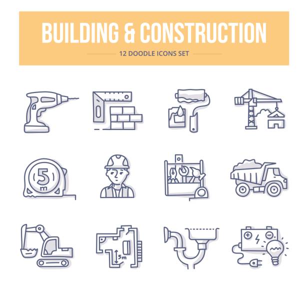 건물 및 건설 낙서 아이콘 - construction plan electricity blueprint stock illustrations