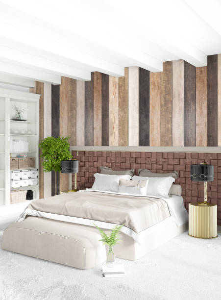 istock White bedroom minimal style Interior design with wood wall and dark sofa. 3D Rendering. 3D illustration 840895906