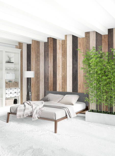 istock White bedroom minimal style Interior design with wood wall and grey sofa. 3D Rendering. 3D illustration 840898262