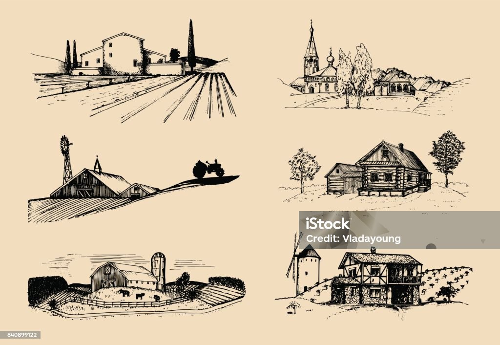 벡터 농장 풍경 그림 집합입니다. 빌라, 필드와 언덕에 자작 스케치 러시아 시골입니다. - 로열티 프리 농장 벡터 아트
