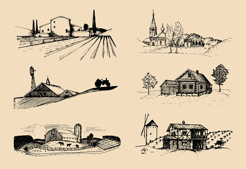 Vector farm landscapes illustrations set. Sketches of villa, agricultural homestead in fields and hills. Hand drawn russian countryside.