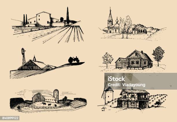 Vector Farm Landscapes Illustrations Set Sketches Of Villa Homestead In Fields And Hills Russian Countryside Stock Illustration - Download Image Now