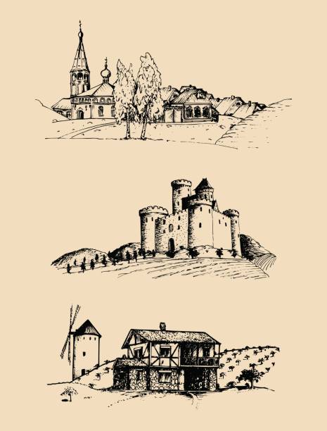 Vector farm landscapes illustrations set. Sketches of castle, agricultural homestead in fields and hills. Hand drawn russian countryside.