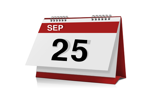 September 25 desktop calendar isolated on white background with clipping path.
