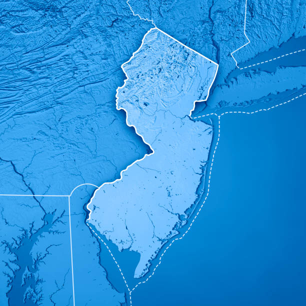 new jersey state usa 3d-render topographische karte blau umrandet - mid atlantic bundesstaaten der usa stock-fotos und bilder