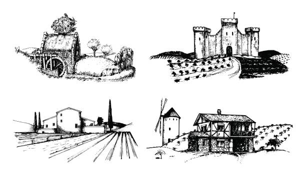 Vector farm landscapes illustrations set. Sketches of castle, agricultural homestead, watermill etc. Rural countryside Vector farm landscapes illustrations set. Sketches of castle, agricultural homestead, watermill etc in fields and hills. Hand drawn rural countryside watermill stock illustrations