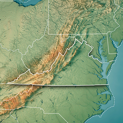 3D Render of a Topographic Map of the State of Virginia, USA.\nAll source data is in the public domain.\nColor texture: Made with Natural Earth. \nhttp://www.naturalearthdata.com/downloads/10m-raster-data/10m-cross-blend-hypso/\nBoundaries Level 1: USGS, National Map, National Boundary Data.\nhttps://viewer.nationalmap.gov/basic/#productSearch\nRelief texture and Rivers: SRTM data courtesy of USGS. URL of source image: \nhttps://e4ftl01.cr.usgs.gov//MODV6_Dal_D/SRTM/SRTMGL1.003/2000.02.11/\nWater texture: SRTM Water Body SWDB:\nhttps://dds.cr.usgs.gov/srtm/version2_1/SWBD/