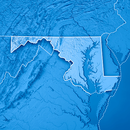 3D Render of a Topographic Map of the State of Maryland, USA.\nAll source data is in the public domain.\nBoundaries Level 1: USGS, National Map, National Boundary Data.\nhttps://viewer.nationalmap.gov/basic/#productSearch\nRelief texture and Rivers: SRTM data courtesy of USGS. URL of source image: \nhttps://e4ftl01.cr.usgs.gov//MODV6_Dal_D/SRTM/SRTMGL1.003/2000.02.11/\nWater texture: SRTM Water Body SWDB:\nhttps://dds.cr.usgs.gov/srtm/version2_1/SWBD/