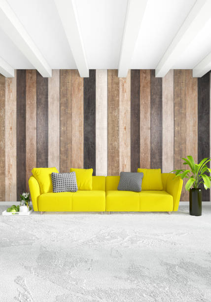 istock Minimal bedroom Interior design wood wall, yellow sofa and copyspace into an empty frame. 3D Rendering. 3D illustration 840902168