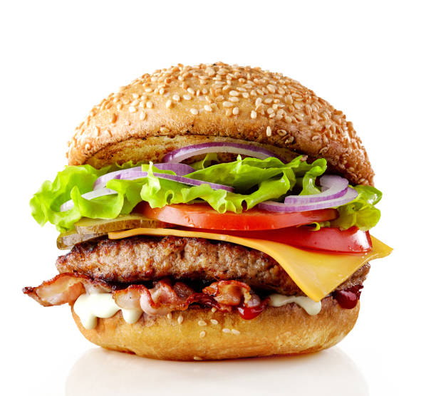burger, isoliert auf weiss - rinderhack stock-fotos und bilder