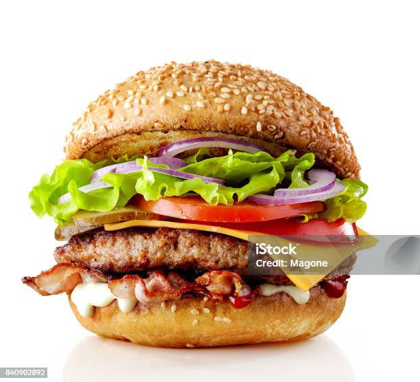 Burger Isolated On White Stock Photo - Download Image Now - Burger, Hamburger, Cut Out
