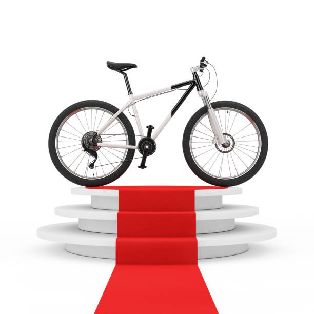 Black and White Mountain Bike over Winner Podium with Red Carpet on a white background. 3d Rendering