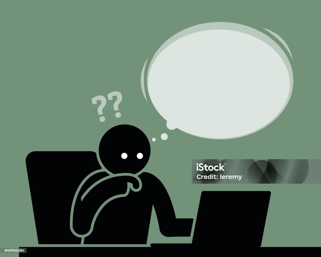 Man Thinking And Feeling Confused Viewing Computer Screen Stock  Illustration - Download Image Now - iStock