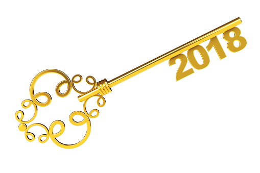 Golden Vintage Key with 2018 year Sign on a white background. 3d Rendering