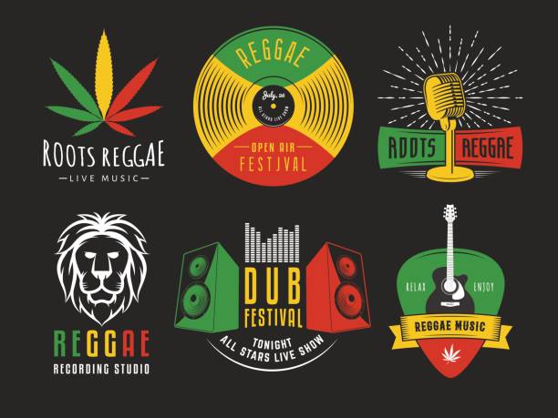 Vector reggae icons. Reggae icons. Vector badges for reggae festival, radio station or rastafarian bar. Vintage music labels with marijuana leaf, vinyl disc, microphone, guitar, lion and speakers. roots music stock illustrations