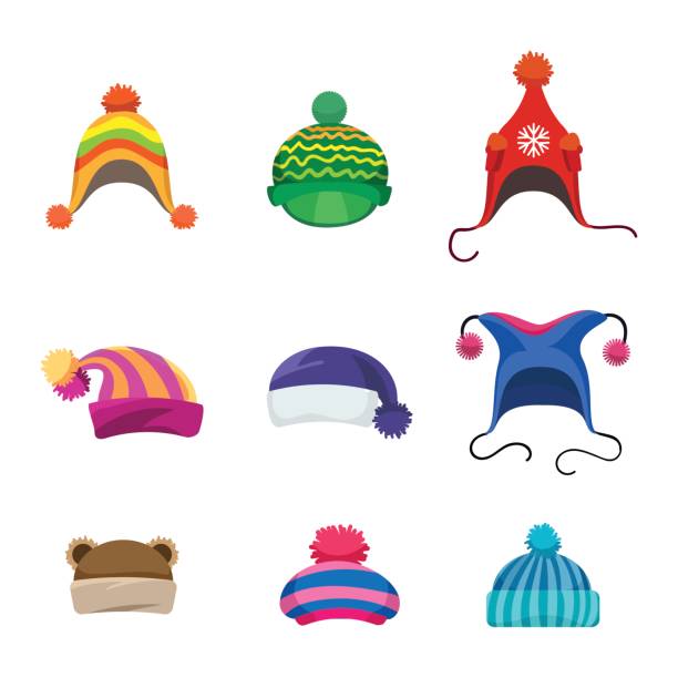 illustrazioni stock, clip art, cartoni animati e icone di tendenza di set cappelli invernali pompons - knit hat