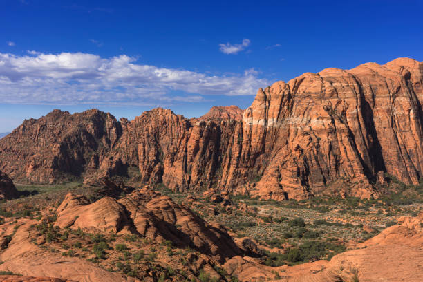 Snow Canyon Utah- Morning Light on the Wall Snow Canyon State Park is an area of red sandstone cliffs, eroded formations, petrified sand dunes, black lava, a little slot canyon, and other wonders just minutes from downtown St. George, Utah.  This photo shows morning light on the western wall of the canyon with petrified sand dunes in the foreground. snow canyon state park stock pictures, royalty-free photos & images