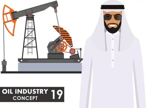 Vector illustration of Oil industry concept. Detailed illustration of oil pump and arab muslim man in flat style on white background. Vector illustration.