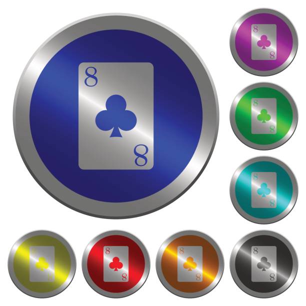 8 클럽 카드 빛나는 동전 모양의 라운드 컬러 버튼 - rummy leisure games number color image stock illustrations