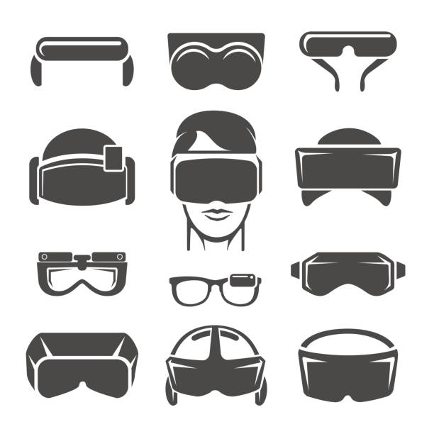 ilustraciones, imágenes clip art, dibujos animados e iconos de stock de iconos de realidad virtual - pantalla montada en la cabeza