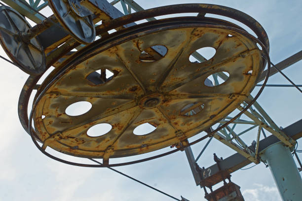 istock Ski lift moving part against blue sky 840947164