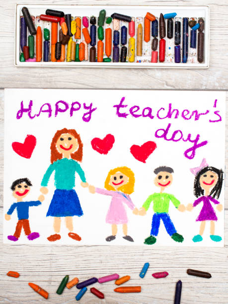 Photo of  colorful drawing: Words HAPPY TEACHER'S DAY, teacher and happy children. Photo of  colorful drawing: Words HAPPY TEACHER'S DAY, teacher and happy children. Happy Teachers Day stock pictures, royalty-free photos & images