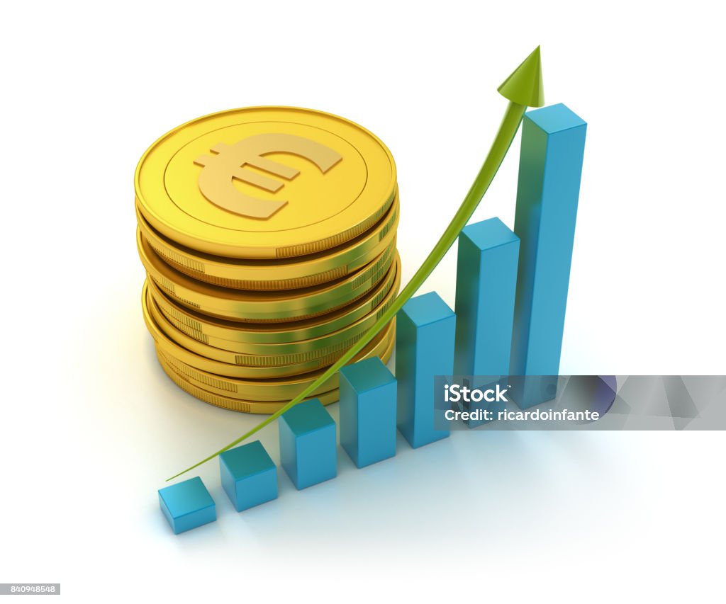 3D coins with height chart - euro simbol 3D Rendering, Finance Concept using white background and simple composition. Lighting with Vray Business Stock Photo