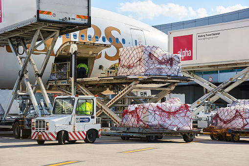 Prague, Czech Republic - April 01, 2012: Boeing 777-300 A6-EBM of Emirates airlines loaded at Ruzyne (Vaclav Havel) international airport.
