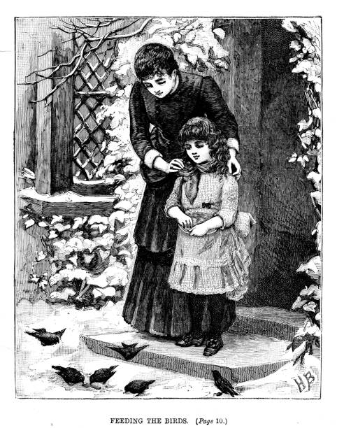 illustrazioni stock, clip art, cartoni animati e icone di tendenza di l'incisione ottocentesca di una madre e di sua figlia si trovava sulla porta di casa alimentando gli uccelli nella neve; famiglie vittoriane 1889 - animals feeding illustrations