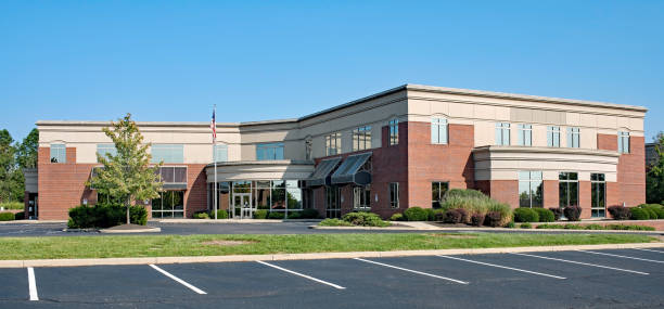 Red Brick Building with Concave Entrance stock photo