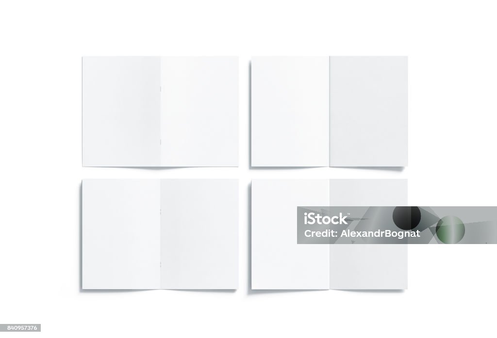 Blank white multi-page a5 booklet mock up, front back side Blank white multi-page a5 booklet mock up, front and back side, all pages top view, 3d rendering. Plain twofold brochures mockups set isolated. Book cover and flier inside, copy space. Template Stock Photo