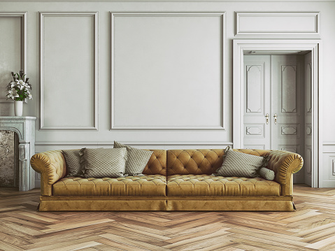 Retro styled living room with sofa and decoration on hardwood floor in front empty wall with copy space. Vintage effect applied. 3D rendered image.