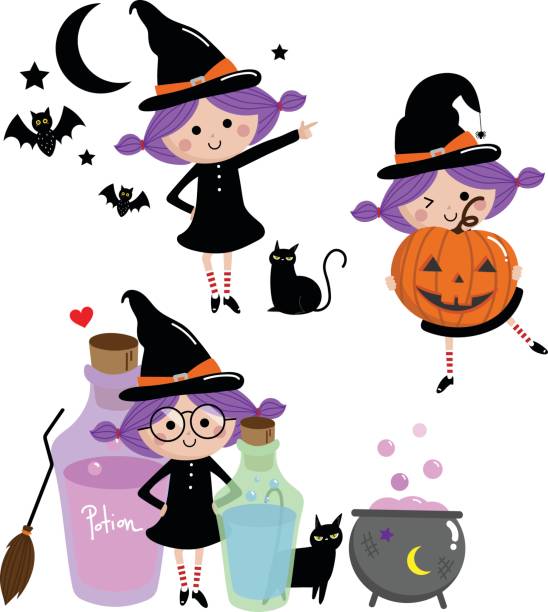 cute witch cute witch vector set black cat costume stock illustrations