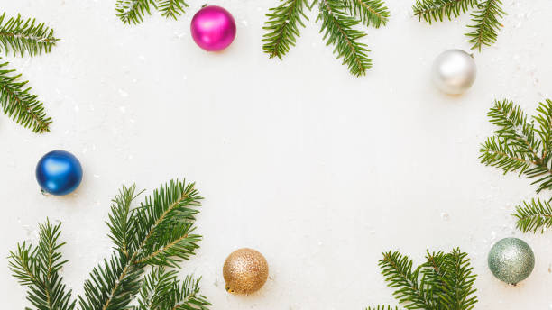 istock Christmas frame with natural fir branches and baubles on white background 840961206