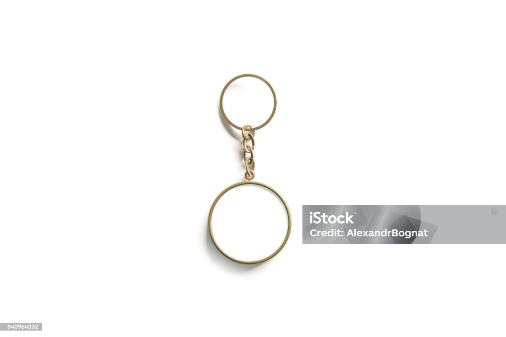 Blank gold round white key chain mock up isometric view Blank gold round white key chain mock up isometric view, 3d rendering. Clear golden circular keychain design mockup isolated. Empty plain keyring souvenir holder template. Steel circle trinket label Key Ring Stock Photo